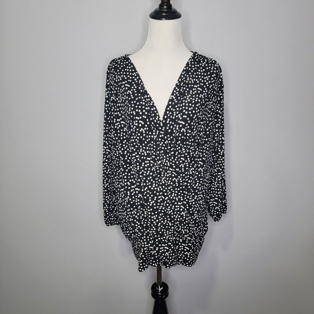 Talbots Woman 2X Long Sleeve Black and White Polka‎ Dot Wrap Ruched Stretchy Top